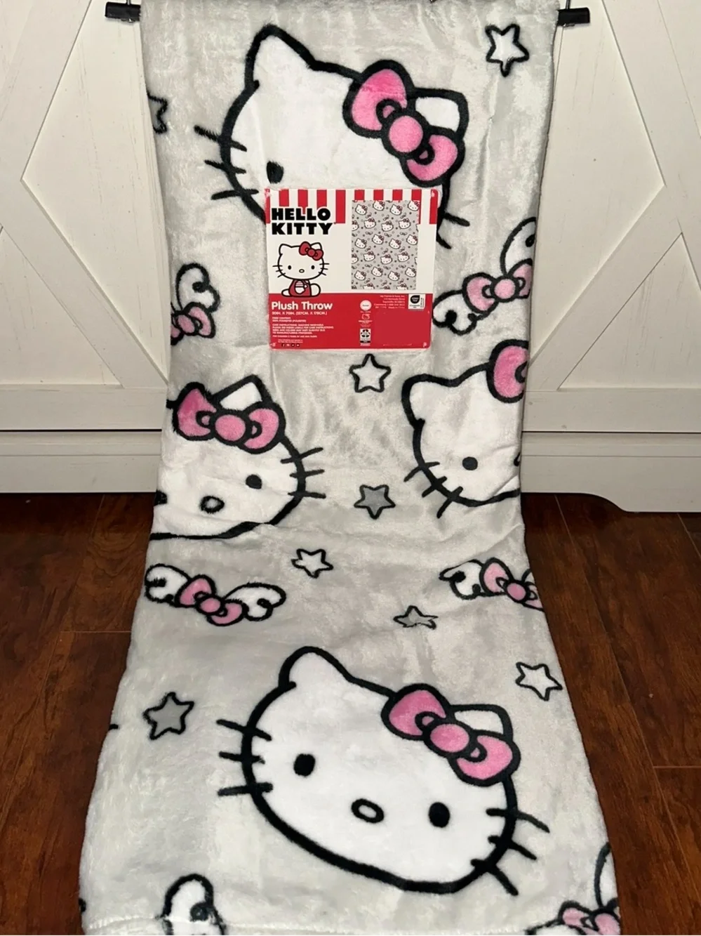 Hello Kitty Pink & Gray Stars & Bows with Wings Plush Throw Blanket
